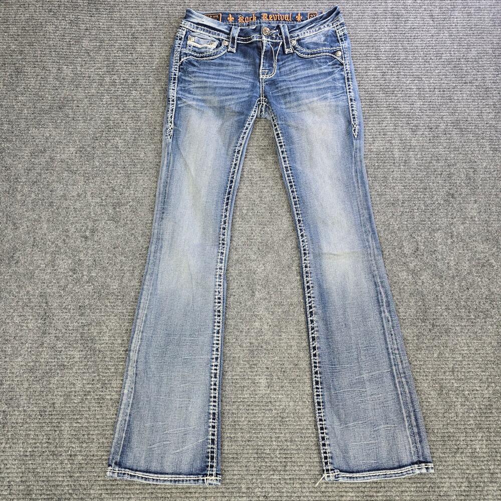 Rock Revival Jeans Womens 27x32 Blue Straight Flap Pocket Fleur de Lis Y2K